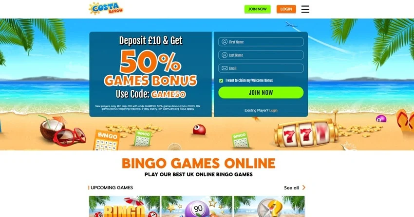Costa Bingo homepage screenshot