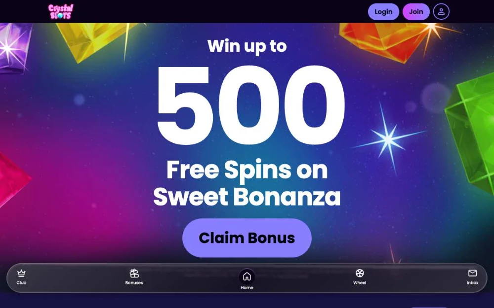Crystal Slots homepage screenshot