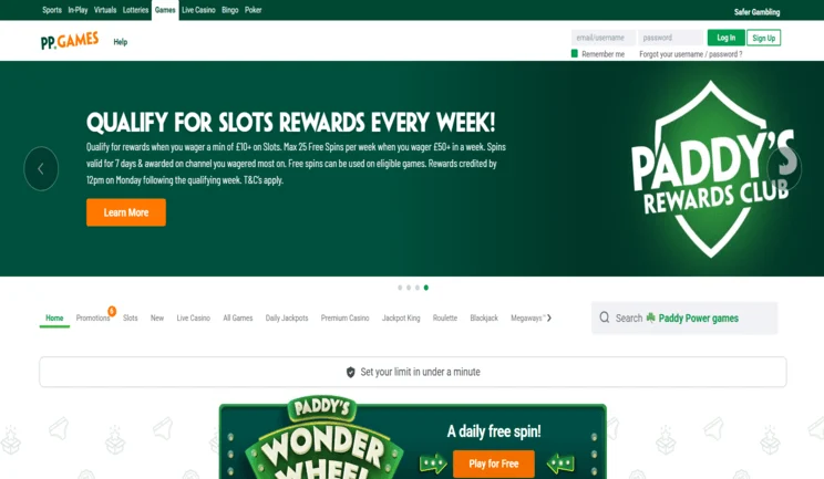 Paddy Power Games / Live Casino homepage screenshot