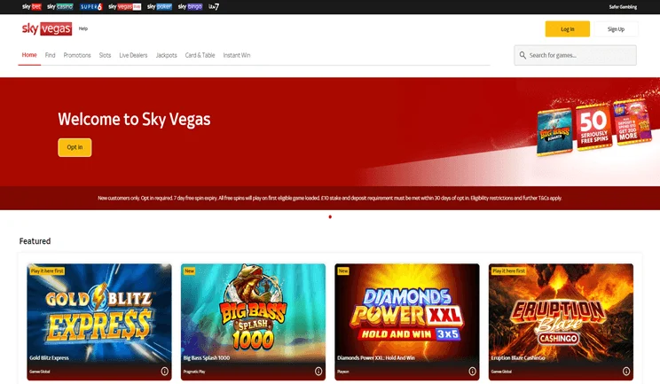Sky Vegas homepage screenshot