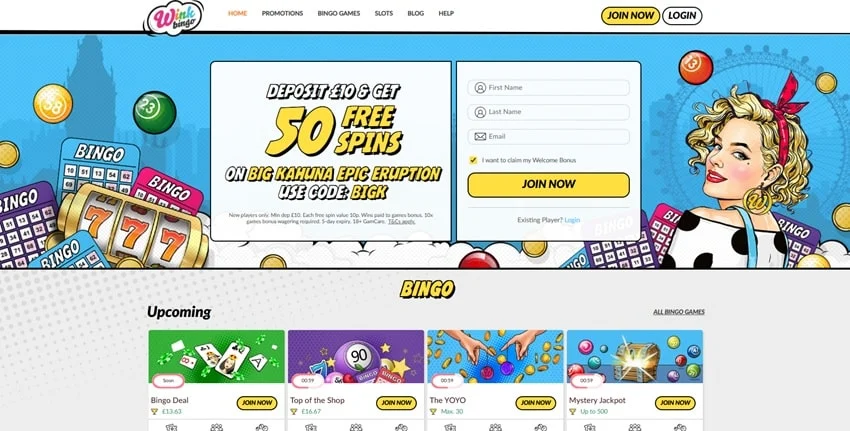 Wink Bingo homepage screenshot