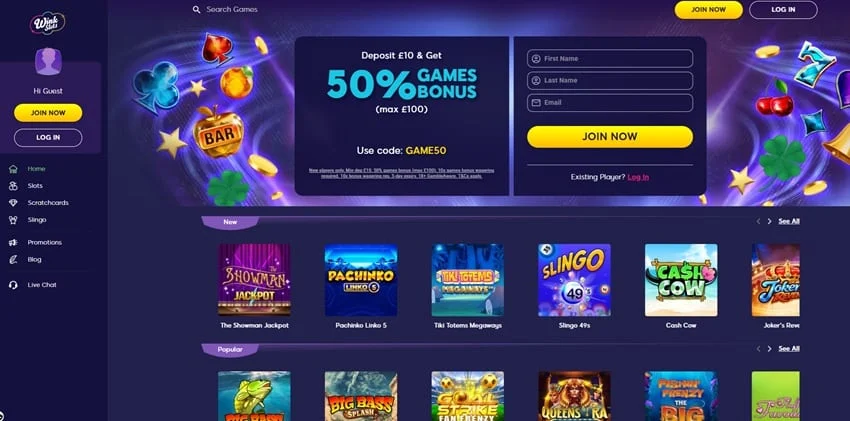 Wink Slots homepage screenshot