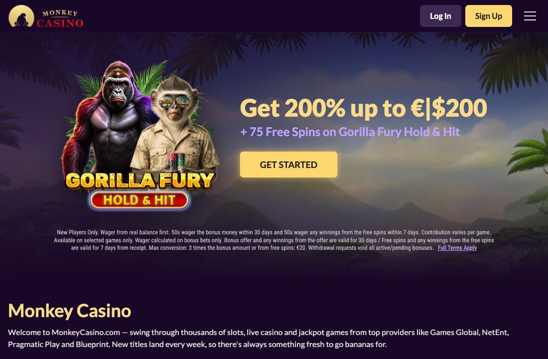 Monkey Casino homepage, international offer shown